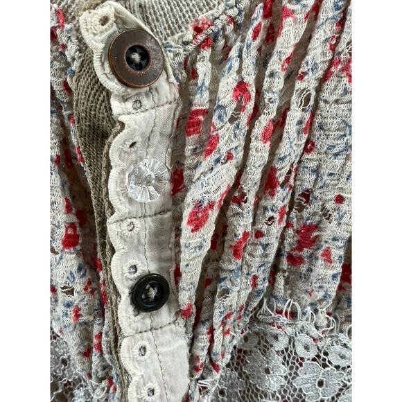 FREE PEOPLE Women's Beige Floral Print V-Neck Button-Up Long Sleeve Top SZ M - Picture 4 of 11